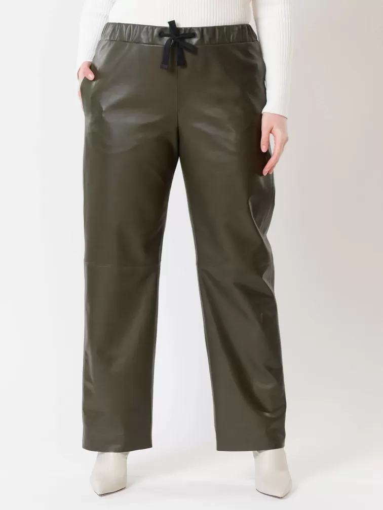 Кожаные широкие брюки женские 06, из натуральной кожи, оливковые, р. 48, арт. 85510-2