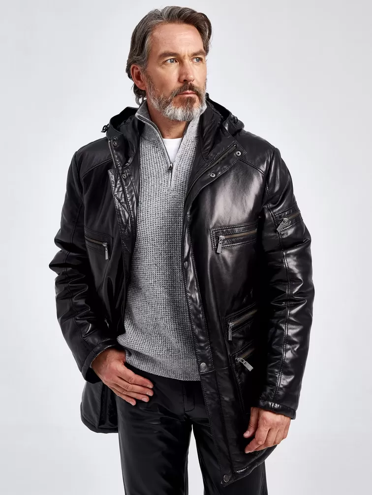 Кожаная куртка утепленная мужская 513, с капюшоном, черная, p. 56, арт. 29100-6