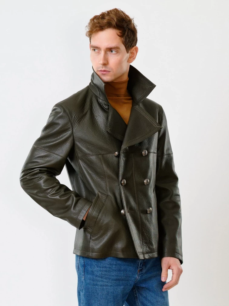 Двубортная мужская кожаная куртка Клуб, оливковая, размер 48, артикул 28390-6