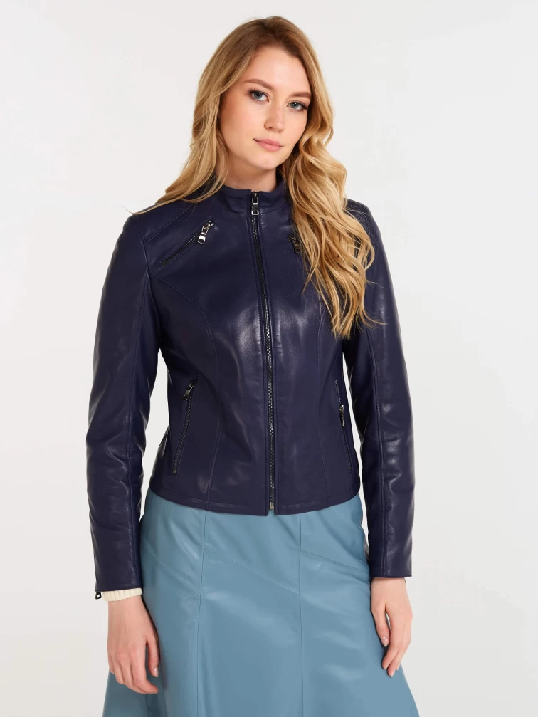 Кожаный комплект женский: Куртка 3004 + Юбка 01рс, синий/голубой, размер 44, артикул 111122-2