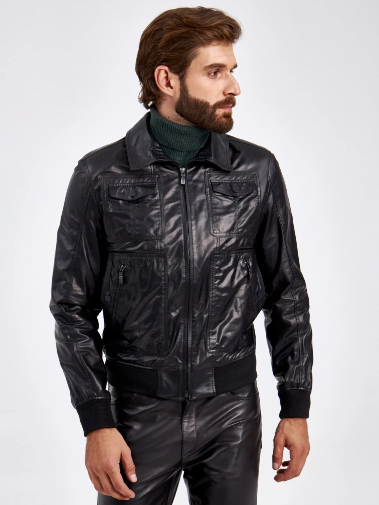 Кожаная куртка бомбер мужская 2010-16, черная, размер 50, артикул 29350-0