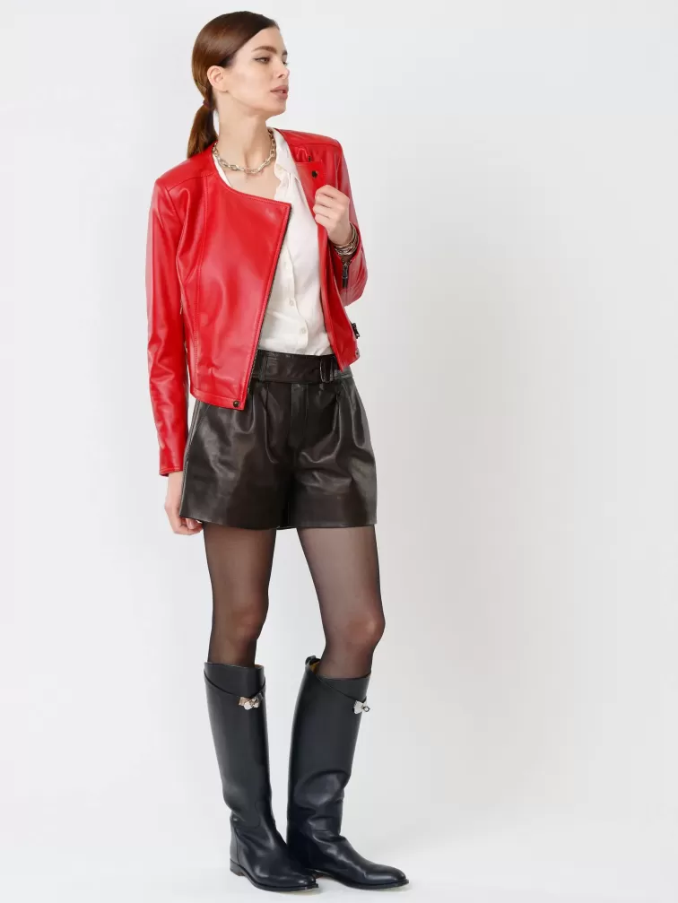 Кожаный комплект женский: Куртка 389 + Шорты 01, красный/черный, размер 42, артикул 111113-1