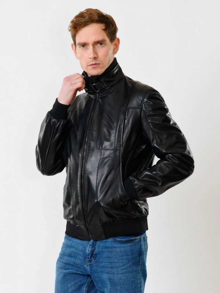 Кожаная куртка бомбер мужская 521, черная, размер 48, артикул 28550-6