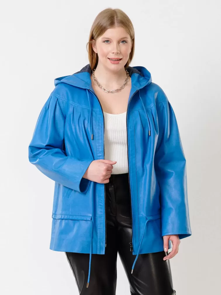 Кожаный комплект женский: Куртка 303у + Брюки 04, голубой/черный, р. 48, арт. 111201-3