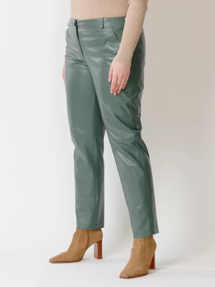 Кожаные зауженные брюки женские 03, из натуральной кожи, оливковые, р. 46, арт. 85381-5