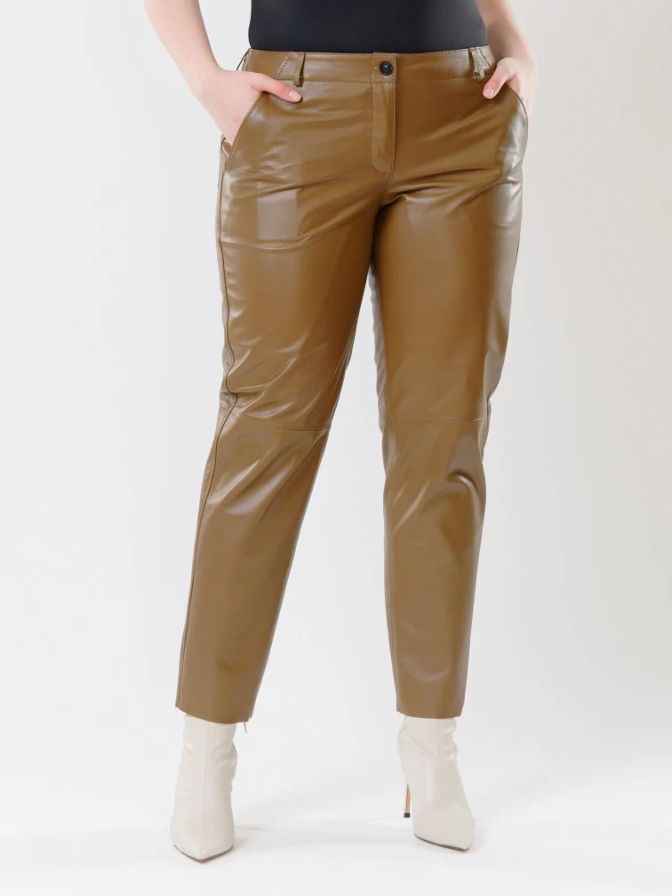 Кожаные зауженные женские брюки из натуральной кожи 03, серо-коричневые, размер 46, артикул 85521-2
