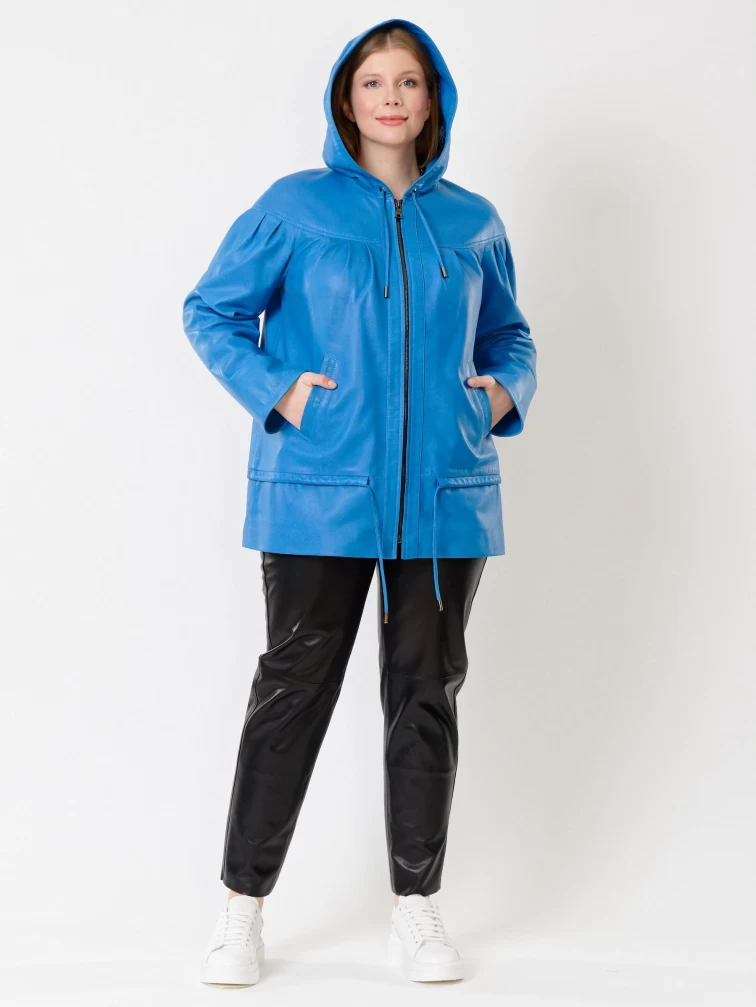 Кожаный комплект женский: Куртка 303у + Брюки 04, голубой/черный, размер 48, артикул 111201-1