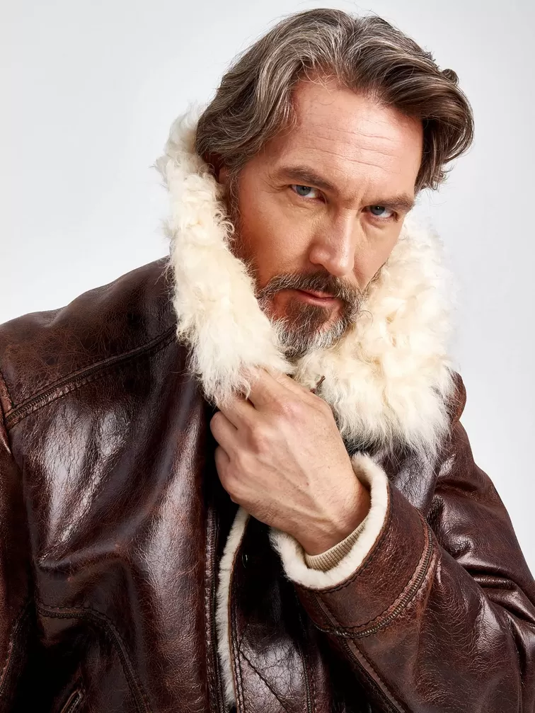 Кожаная куртка зимняя мужская 151, на подкладке из овчины "тиградо", коричневая, p. 52, арт. 70680-4