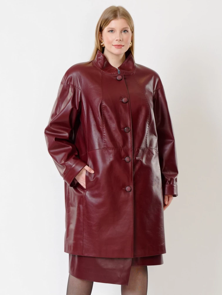 Кожаное пальто женское 378, бордовое, размер 56, артикул 91240-5