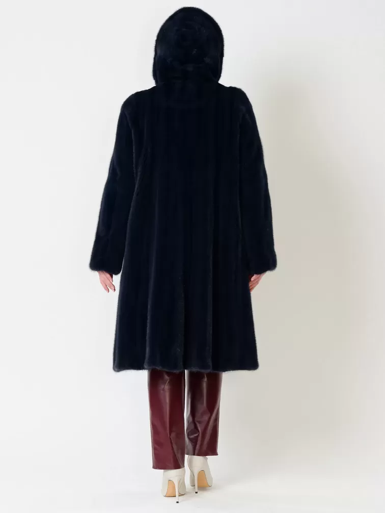 Пальто из меха норки женское 4021к, с капюшоном, синее, р. 52, арт. 32730-2
