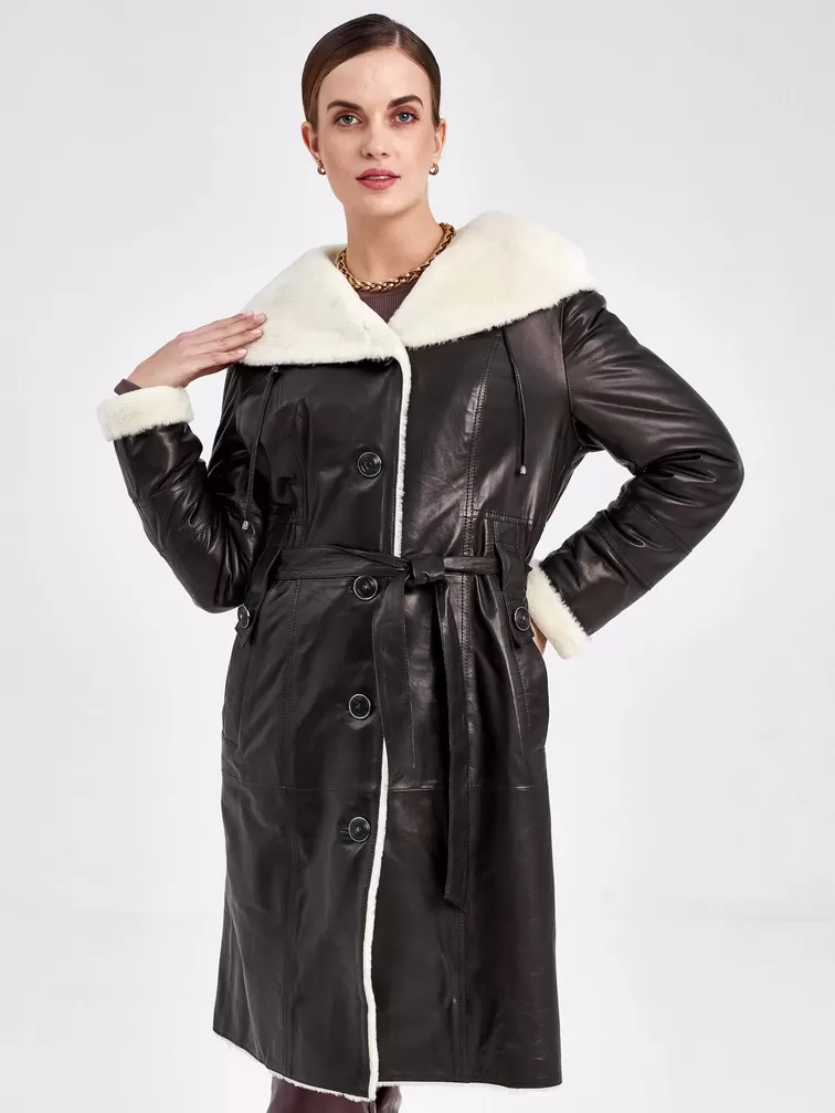 Кожаное пальто зимнее женское 392мех, с капюшоном, с поясом, черное - белое, р. 48, арт. 91840-3