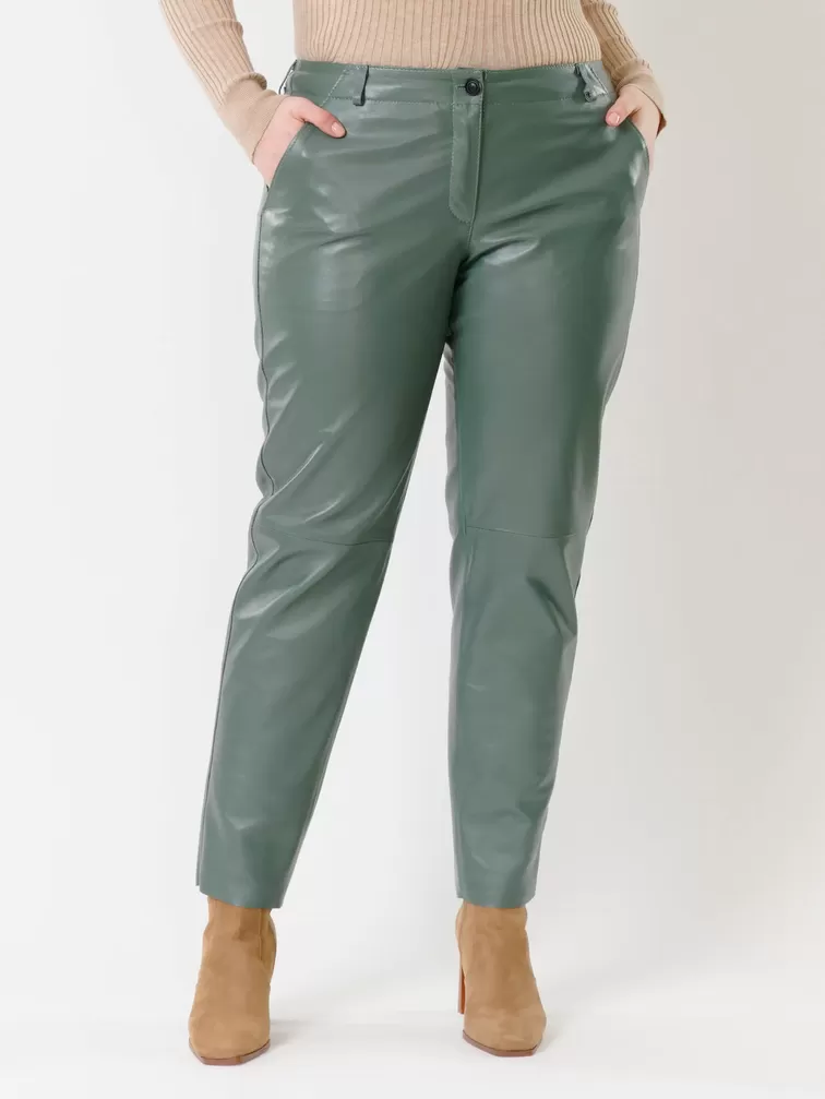 Кожаные зауженные брюки женские 03, из натуральной кожи, оливковые, р. 44, арт. 85381-3