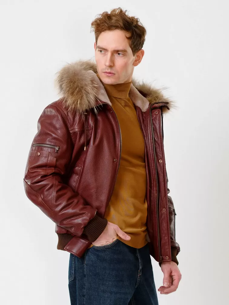 Кожаная куртка утепленная мужская 509, с мехом енота, виски, р. 48, арт. 40190-5