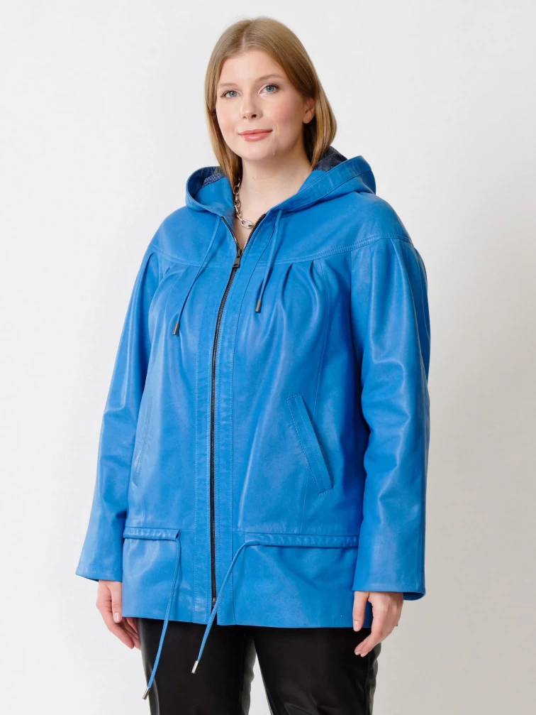 Кожаная женская куртка с капюшоном 303у, голубая, размер 54, артикул 91201-1