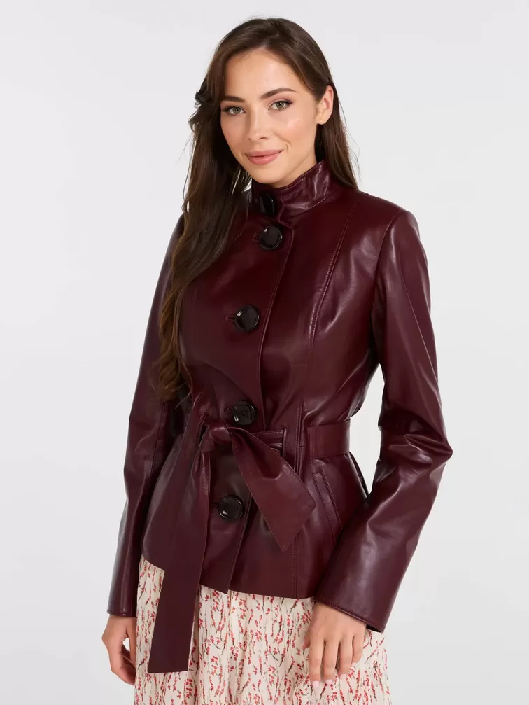 Кожаная куртка женская 334, с поясом, бордовая, р. 42, арт. 90521-0