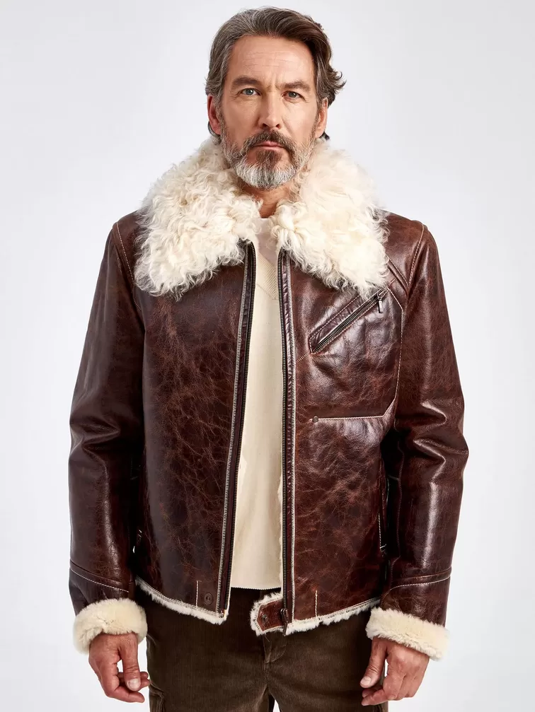 Кожаная куртка зимняя мужская 161, на подкладке из овчины тиградо, коричневая, p. 52, арт. 70690-3
