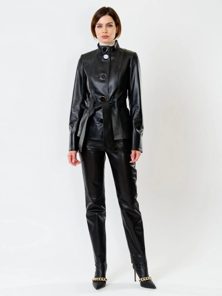 Кожаная куртка женская 334, с поясом, черная, р. 40, арт. 91101-3