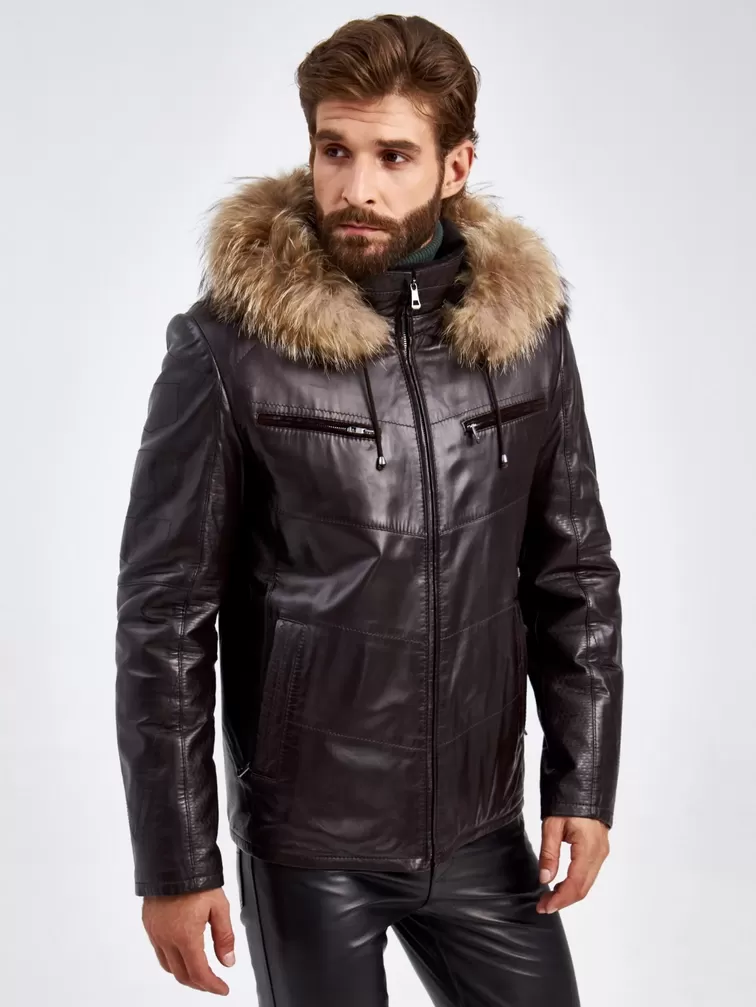 Кожаная куртка зимняя мужская 4273, на подкладке из овчины, с капюшоном, черная, p. 50, арт. 29460-0