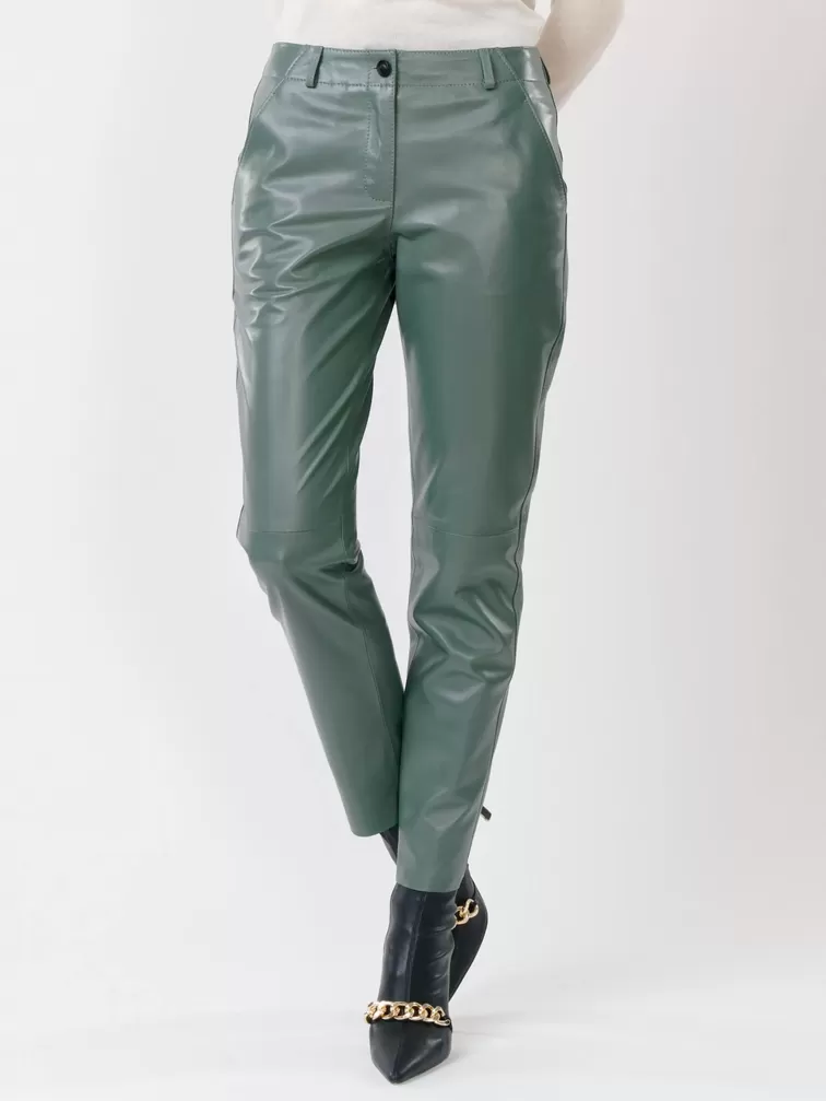 Кожаные зауженные брюки женские 03, из натуральной кожи, оливковые, р. 48, арт. 85260-3
