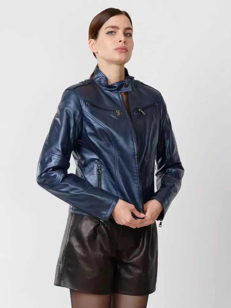 Кожаный комплект: Куртка женская 399 + Шорты женские 01, синий/черный, размер 44, арт. 111206-3