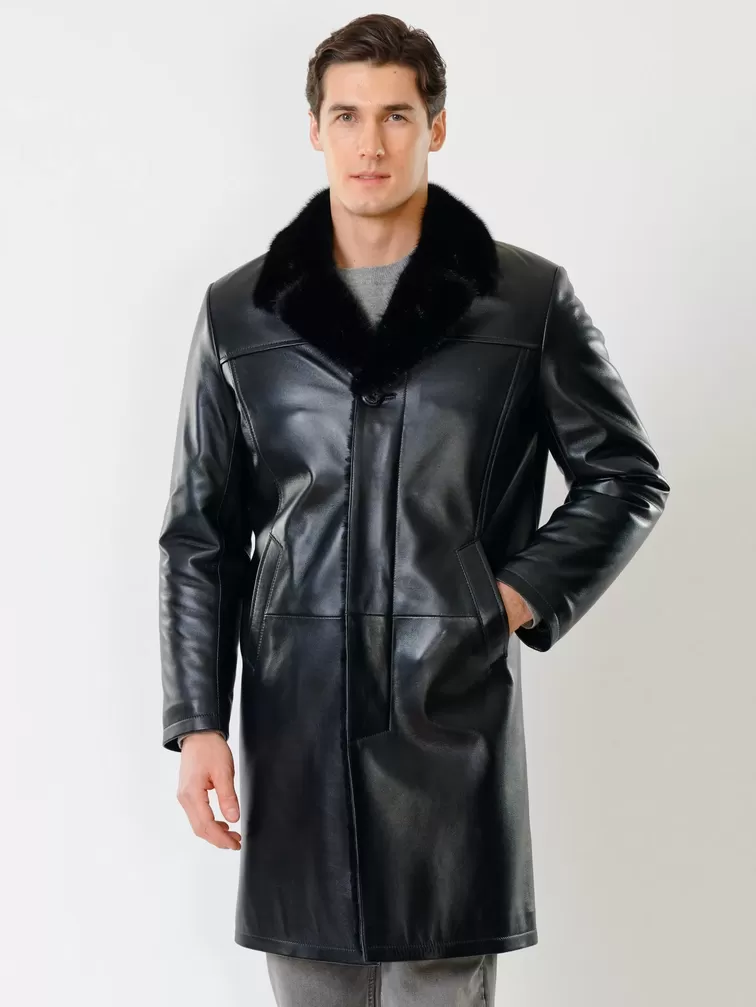 Кожаное пальто зимнее премиум класса мужское 533мех, воротник с мехом норки, черное, р. 50, арт. 71060-2