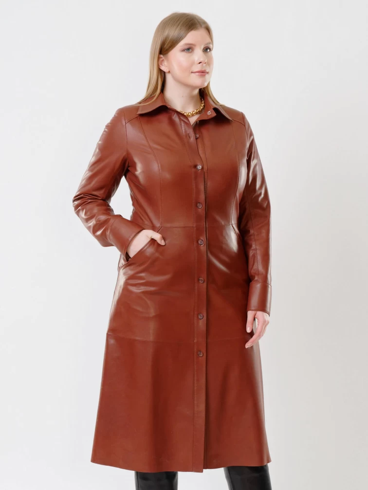 Кожаный комплект женский: Платье - рубашка 02 + Брюки 03, коричневый/черный, р. 48, арт. 111135-2