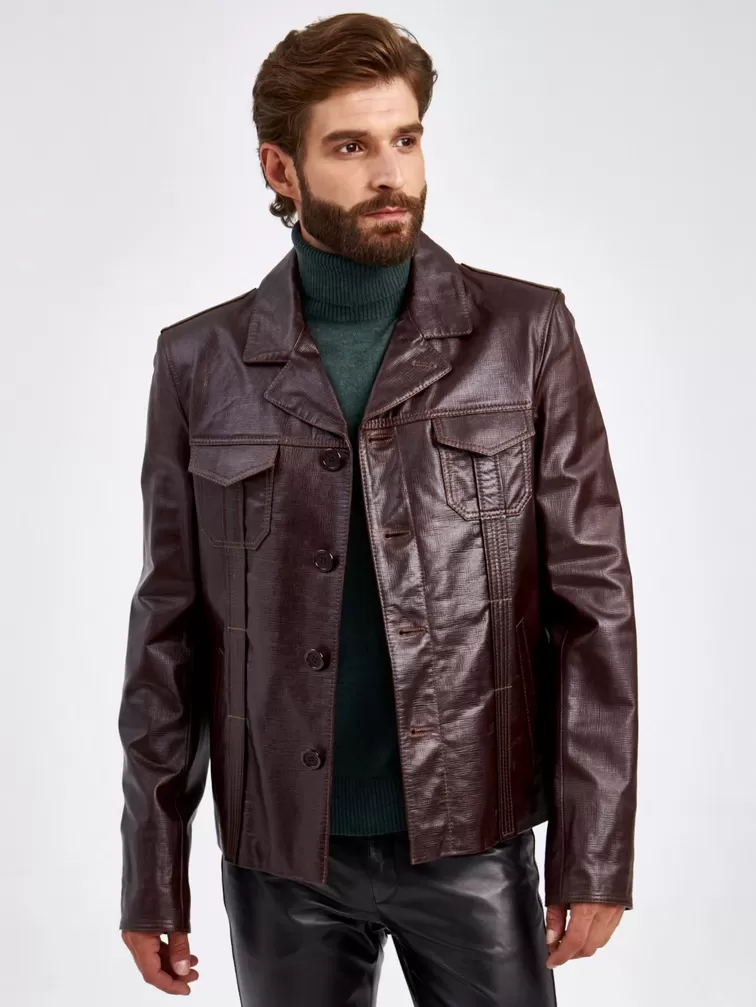 Кожаный пиджак мужской 2010-7, короткий, коричневый, p. 48, арт. 29310-6