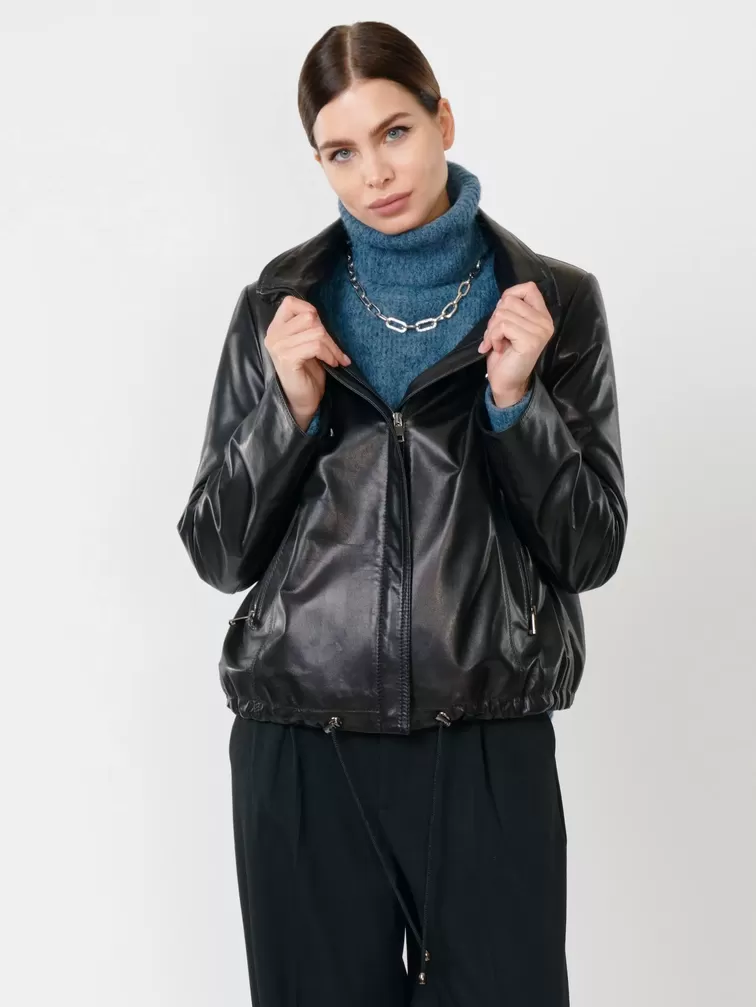 Кожаная куртка женская 305, с капюшоном, черная, р. 48, арт. 90820-6