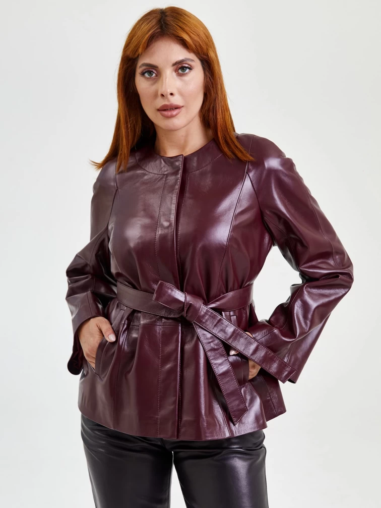 Кожаная куртка женская 3019, с поясом, бордовая, размер 50, артикул 91700-6