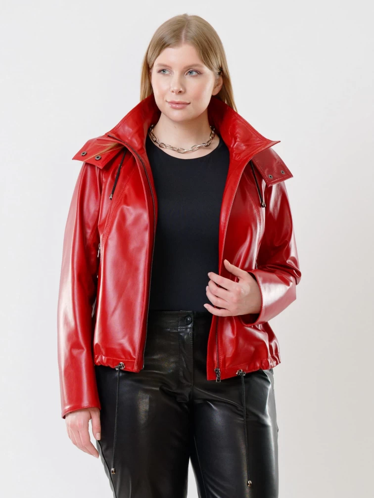 Кожаная женская куртка бомбер с капюшоном 305, красная, размер 48, артикул 91440-1