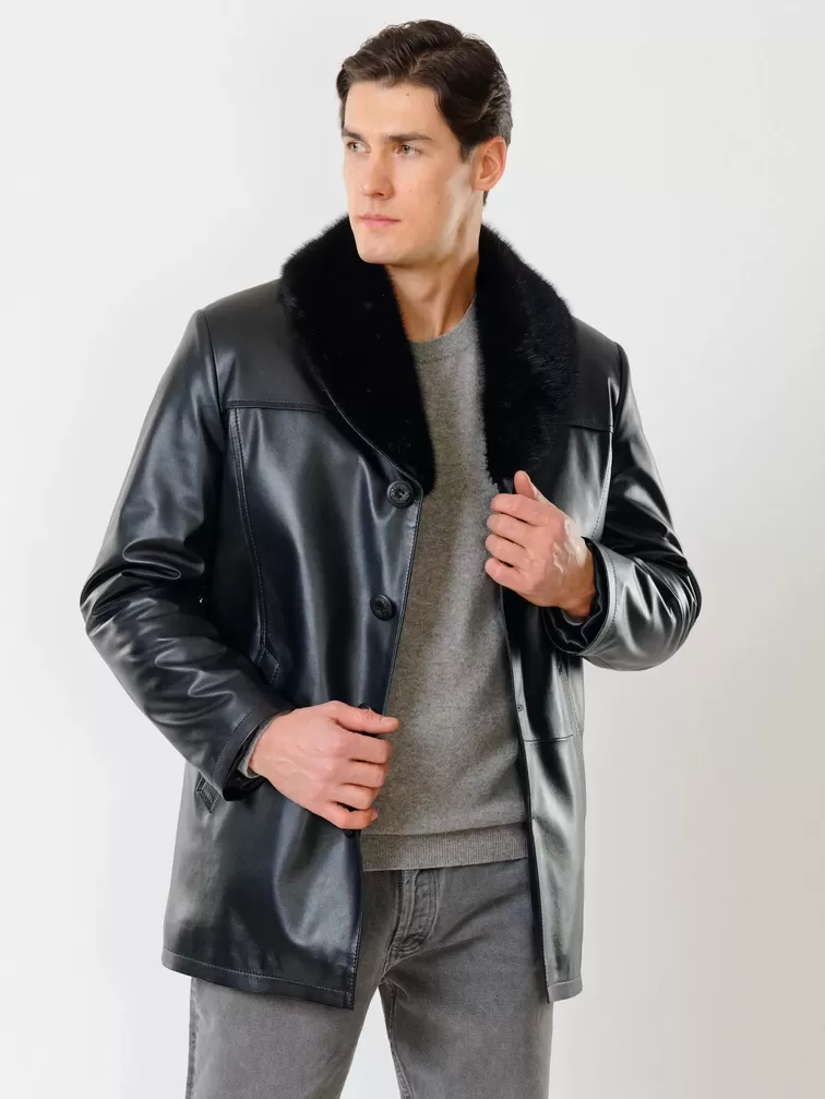 Кожаная куртка зимняя премиум класса мужская 534мех, с мехом норки, черная, р. 46, арт. 40280-0