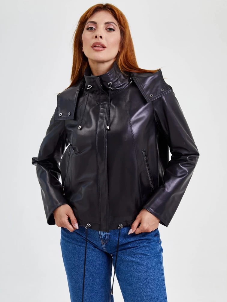 Кожаная куртка женская 305, с капюшоном, черная, р. 48, арт. 91761-0