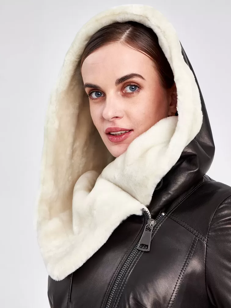 Кожаное пальто зимнее женское 390мех, с капюшоном, черное - белое, р. 50, арт. 91810-6
