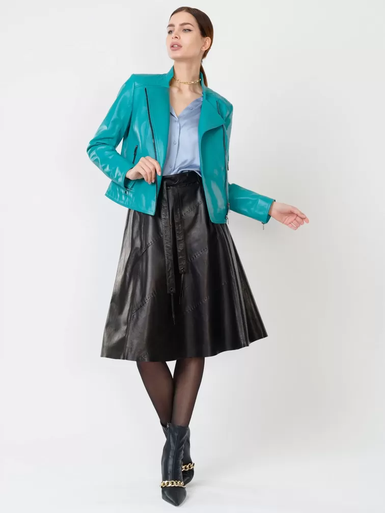 Кожаный комплект женский: Куртка 300 + Юбка 01рс, бирюзовый/черный, р. 44, арт. 111172-0