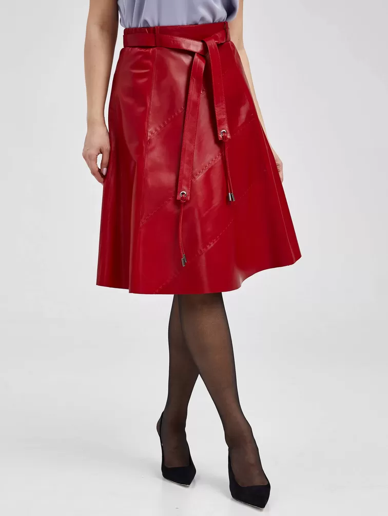 Кожаная юбка расклешенная 01рс, из натуральной кожи, красная, р. 48, арт. 85141-2