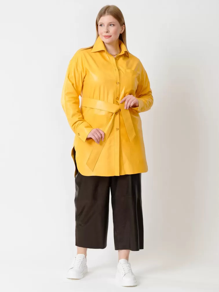 Кожаная рубашка женская 01_2, с поясом, из натуральной кожи, желтая, р. 44, арт. 91402-3