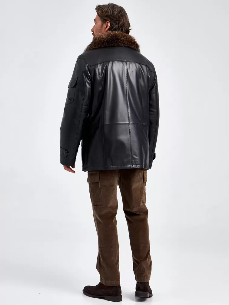 Кожаная куртка зимняя мужская 514мех, с воротником меха енота, черная, p. 54, арт. 40760-2