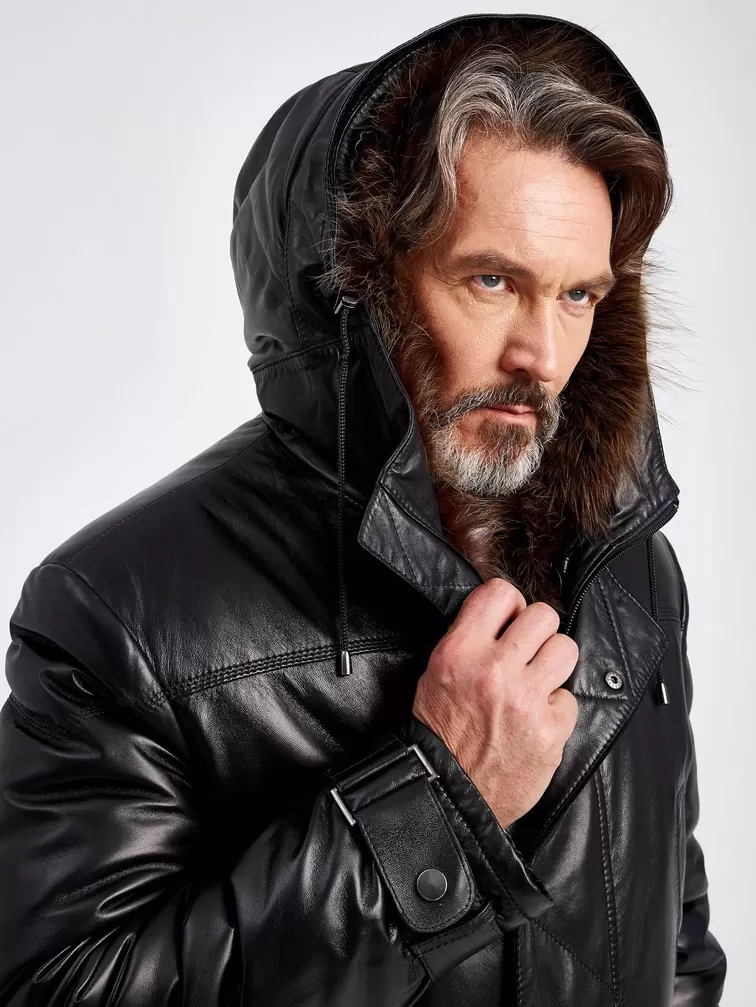 Кожаная куртка зимняя мужская 511, на подкладке из меха енота, с капюшоном, черная, p. 56, арт. 40730-4