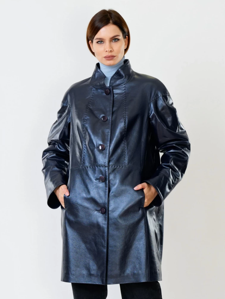Кожаное пальто женское 378, синий перламутр, размер 48, артикул 91130-1