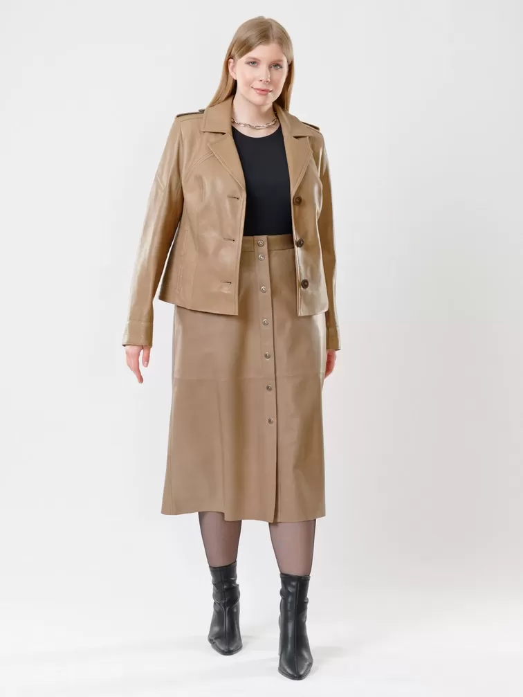 Кожаный комплект: Куртка женская 304 + Юбка-миди 08, коричневый/коричневый, р. 44, арт. 111142-6