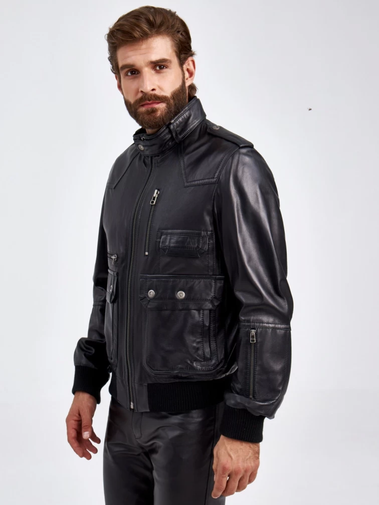 Кожаная куртка бомбер мужская Пит, черная, p. 50, арт. 29190-3