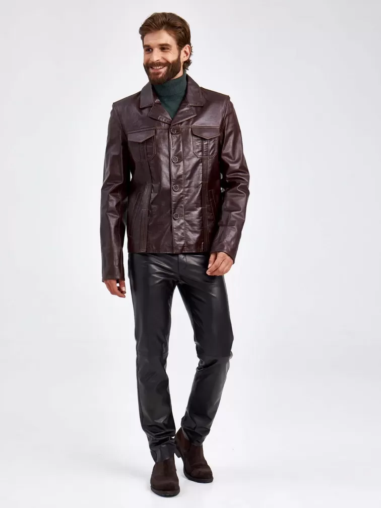 Кожаный пиджак мужской 2010-7, короткий, коричневый, p. 48, арт. 29310-5