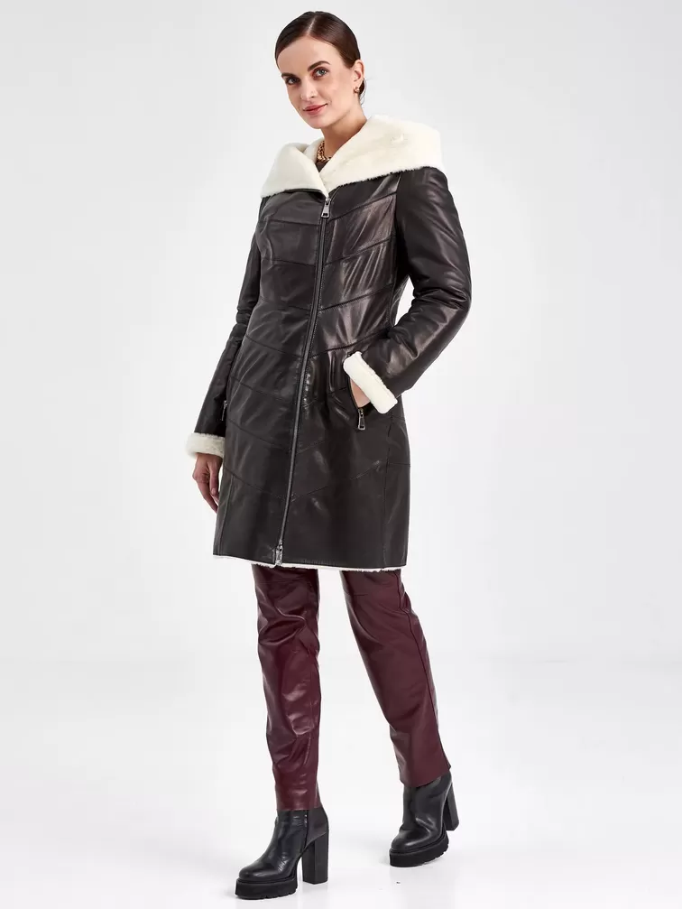 Кожаное пальто зимнее женское 391мех, с капюшоном, черное - белое, р. 46, арт. 91830-5