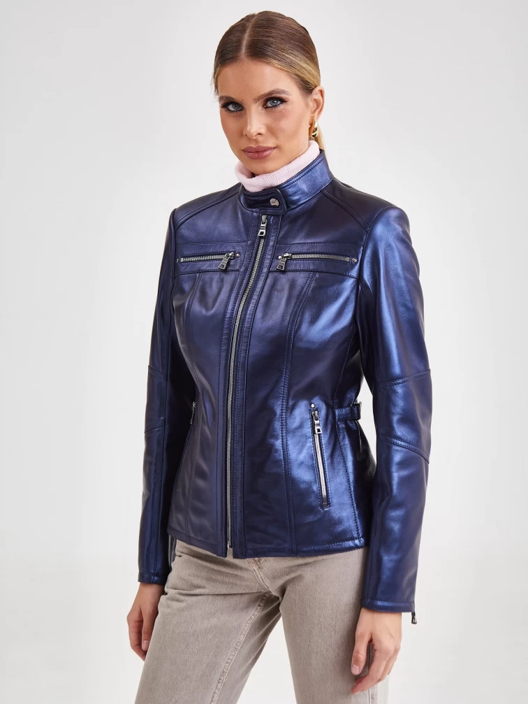 Кожаная утепленная женская куртка 301ш, синий перламутр, размер 44, артикул 23680-0