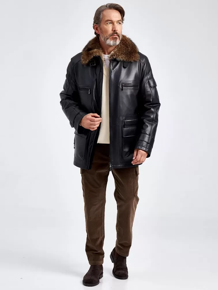 Кожаная куртка зимняя мужская 514мех, с воротником меха енота, черная, p. 54, арт. 40760-1
