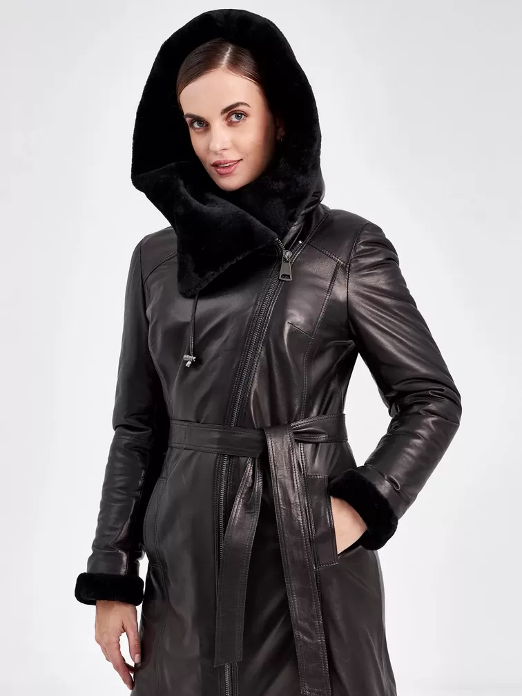 Кожаное пальто зимнее женское 390мех, с капюшоном, черное, р. 50, арт. 91800-6