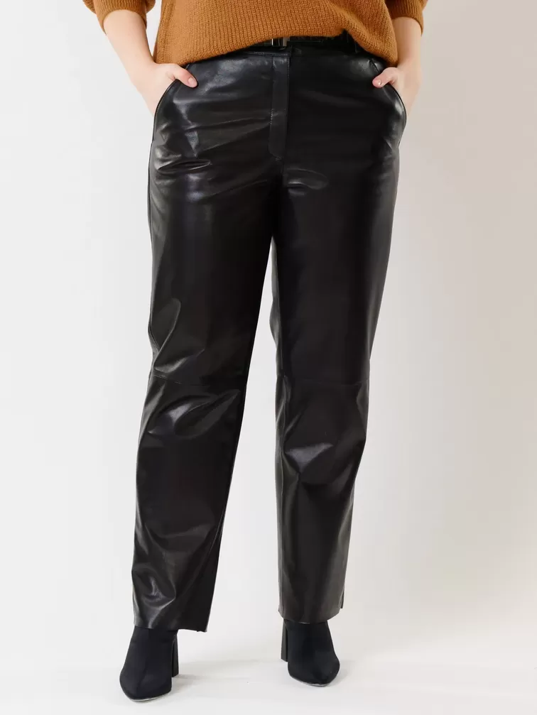 Кожаные прямые брюки женские 04, из натуральной кожи, черные, р. 60, арт.  85390-2