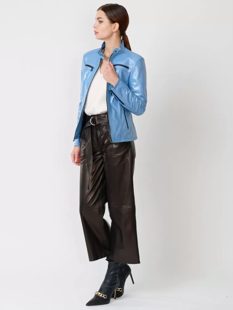 Кожаный комплект женский: Куртка 301 + Брюки 05, голубой перламутр/черный, р. 44, арт. 111167-1