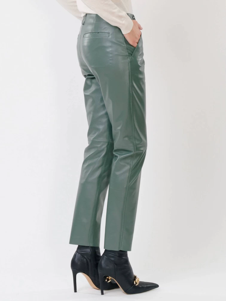 Кожаные зауженные брюки женские 03, из натуральной кожи, оливковые, р. 42, арт. 85260-6