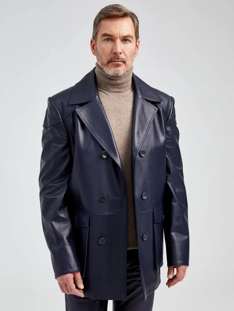 Двубортная мужская кожаная куртка бушлат 549, синяя, размер 50, артикул 29002-5